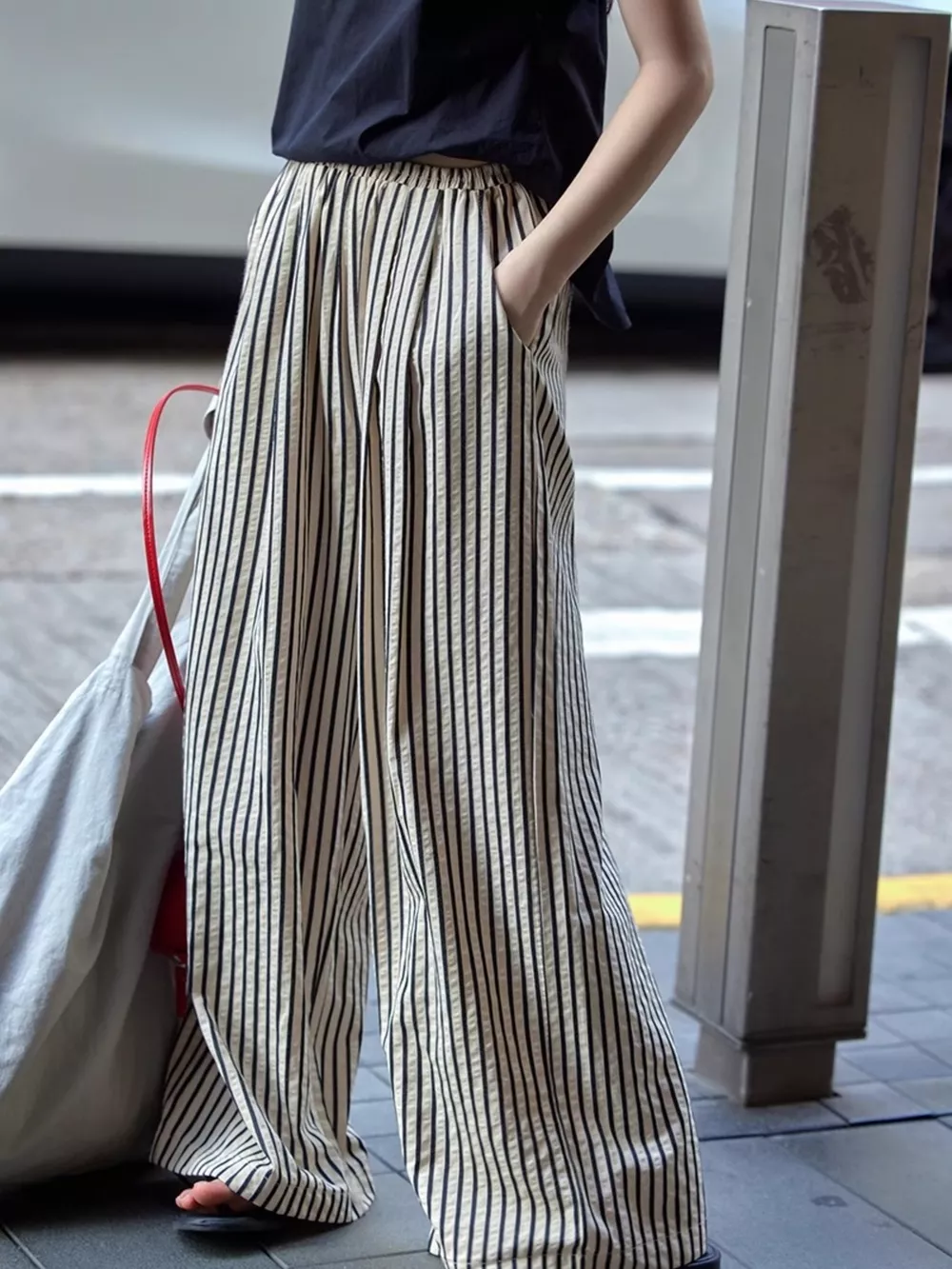 Full Size Striped Drawstring Waist Wide Leg Pants Plus Size, image 14