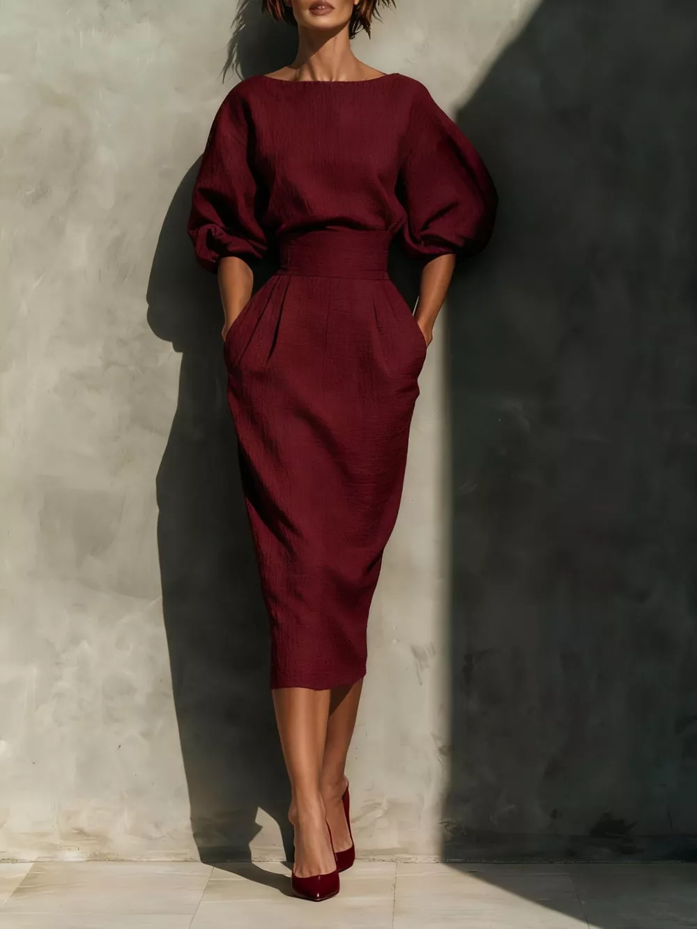 Full Size Round Neck Puff Sleeve Midi Dress Plus Size, image 5