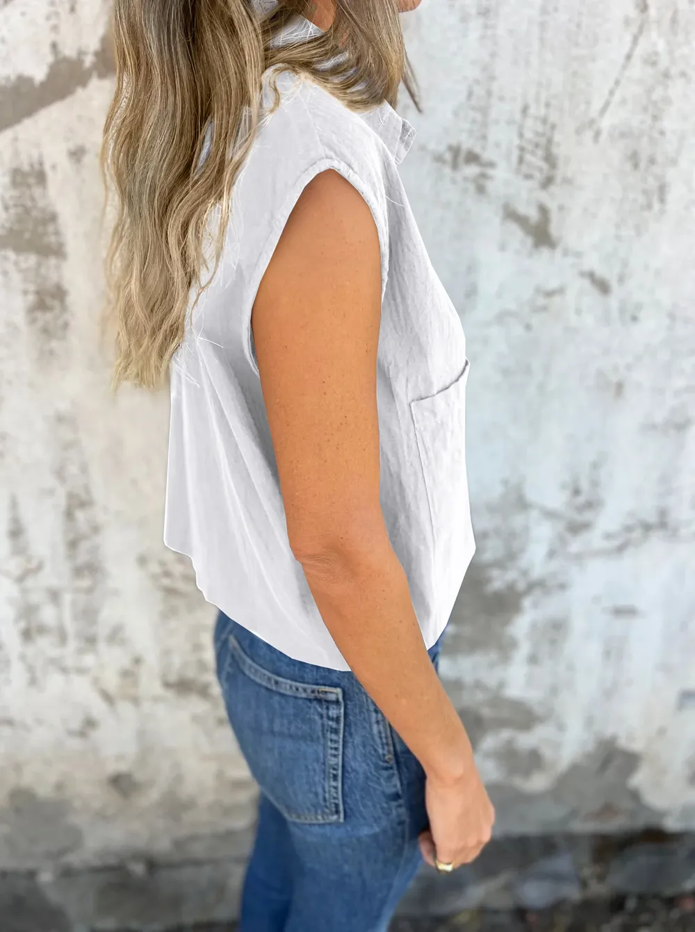 Full Size Button Down Cap Sleeve Linen Shirt Plus Size, image 15
