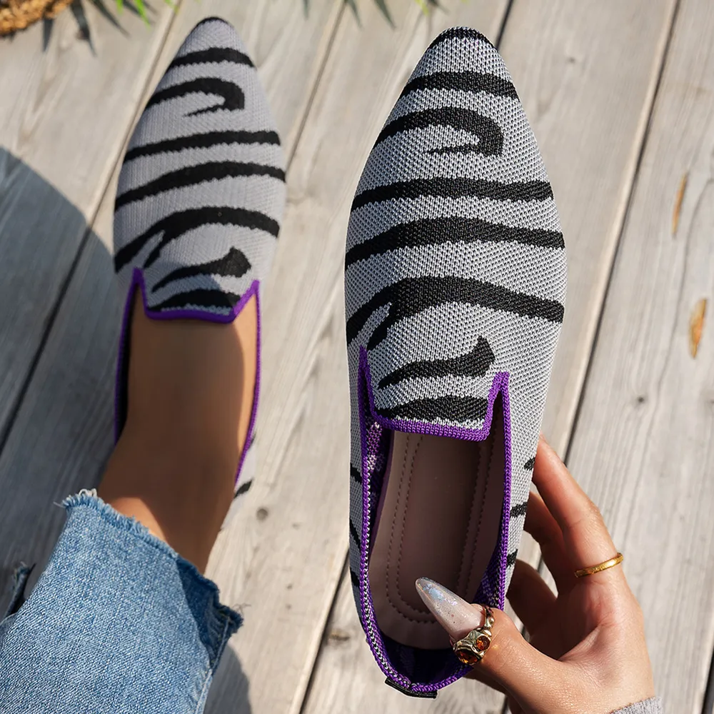 Point Toe Animal Print Knit Slip-On Loafers with Contrast Trim, image 5