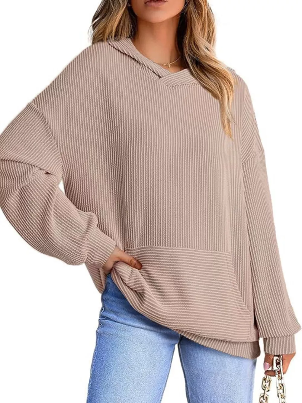 Ribbed Oversized Hoodie Sweatshirt with Pocket, image 16