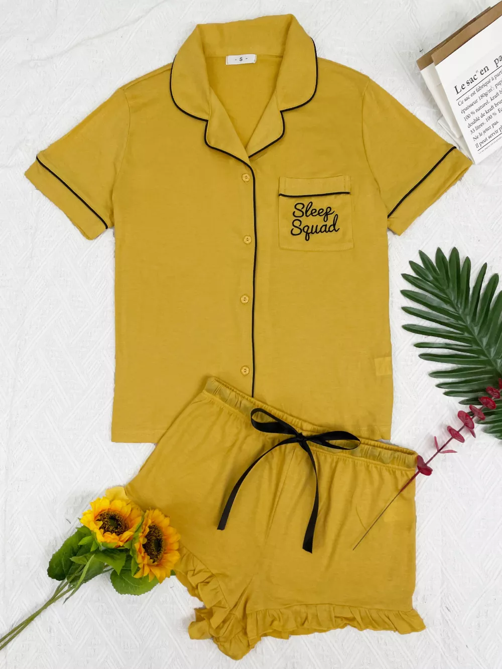Contrast Piping Button-Down Shirt and Ruffle Shorts Lounge Set, image 11