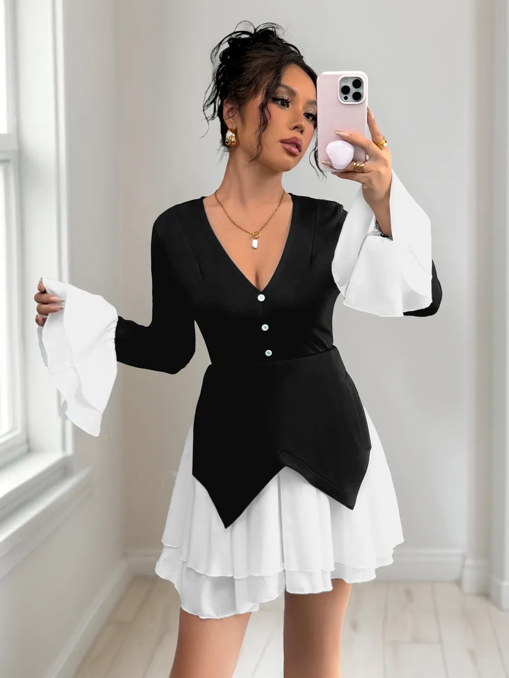 Two Tone V-Neck Long Sleeve Mini Dress, image 4