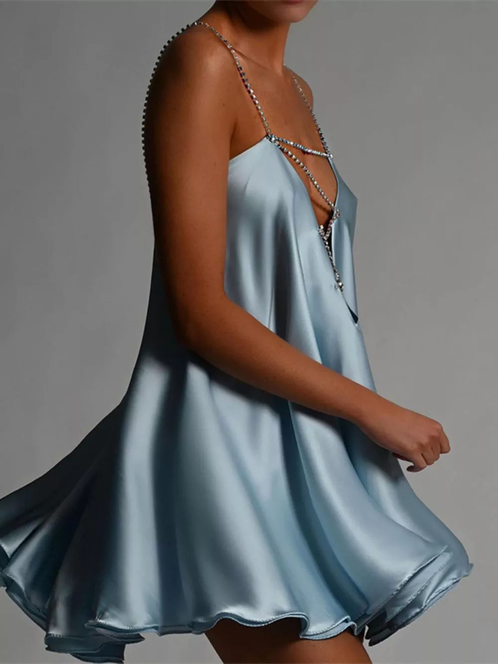 Rhinestone Embellished Plunge Mini Dress, image 3