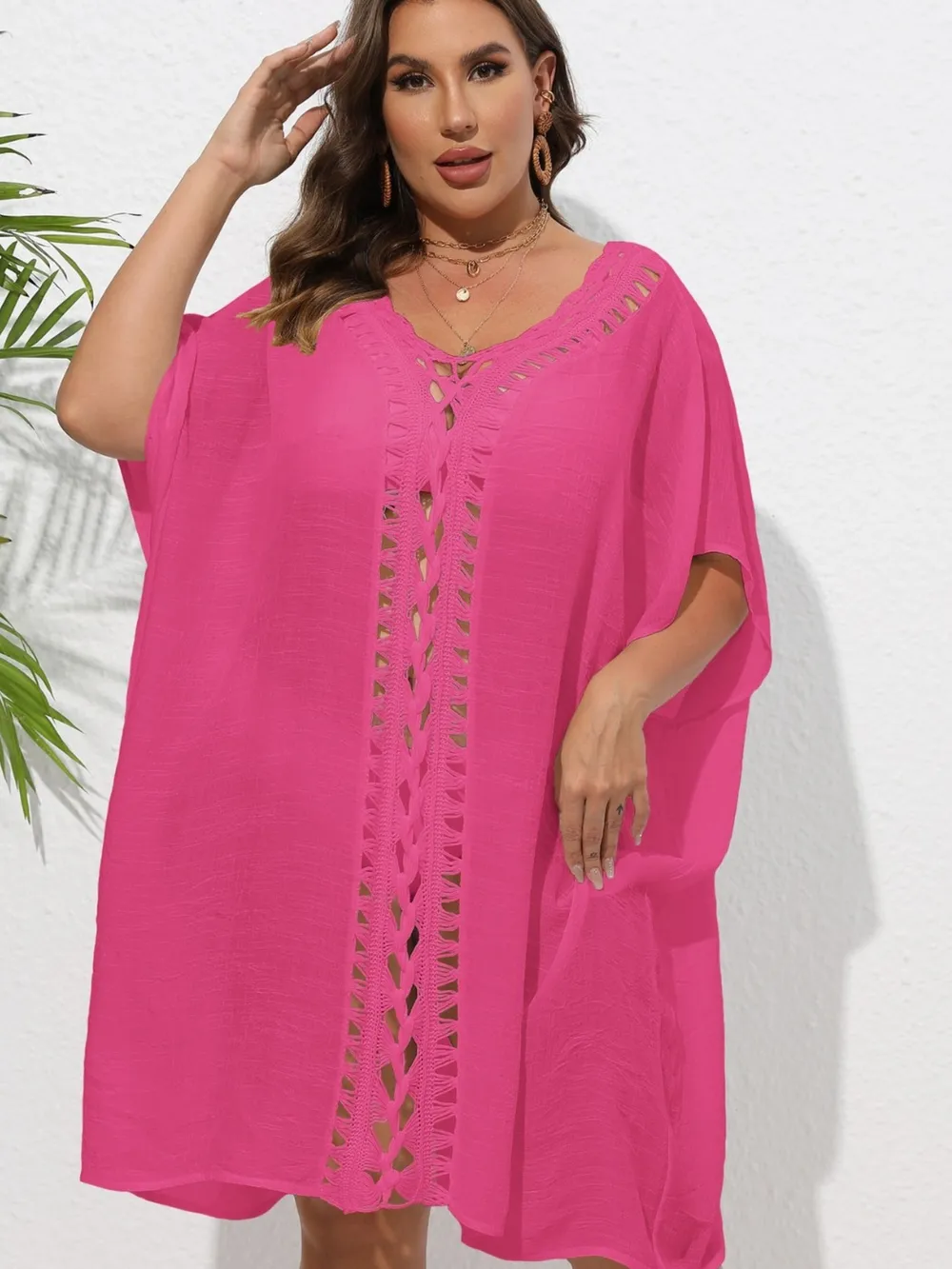 Crochet Trim V-Neck Beach Cover Up Dress, image 41