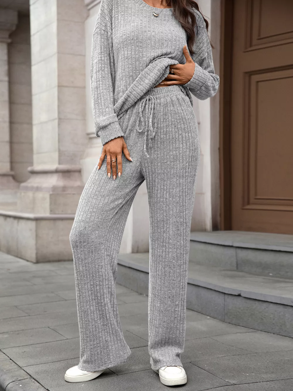 Ribbed Round Neck Top and Pants Set, image 22