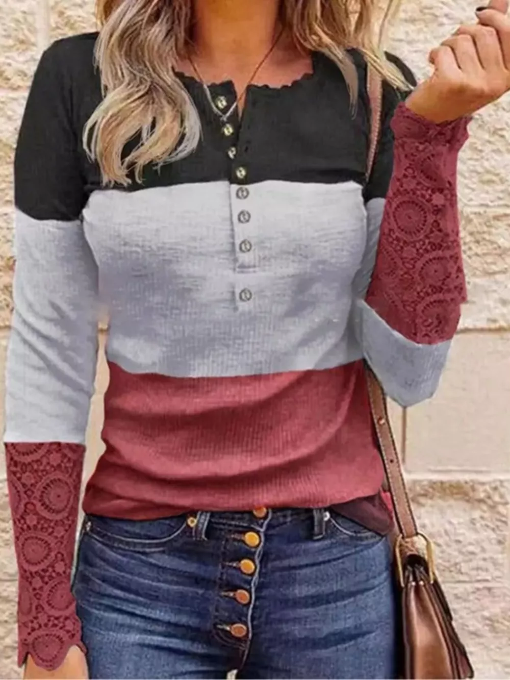 Color Block Lace Detail Half Button T-Shirt, image 6