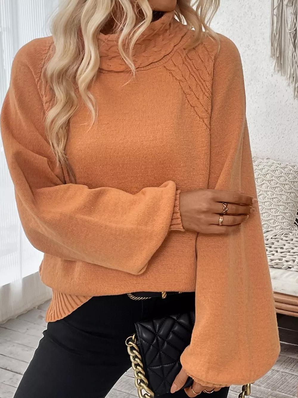 Cable-Knit Turtleneck Long Sleeve Sweater, image 13