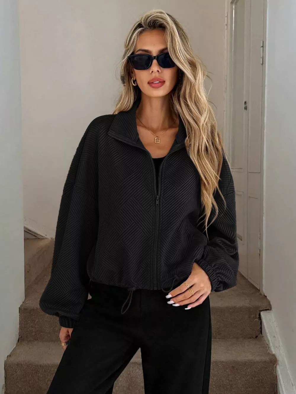 Drawstring Hem Textured Long Sleeve Jacket, image 23