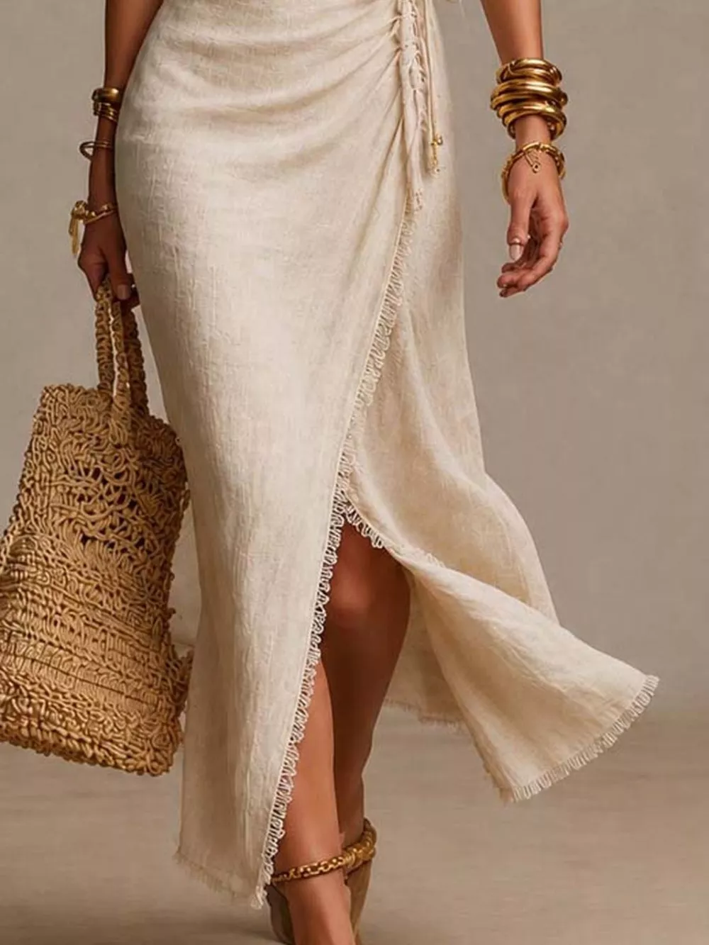 Lace-Trimmed Slit Wrap Midi Dress, image 4