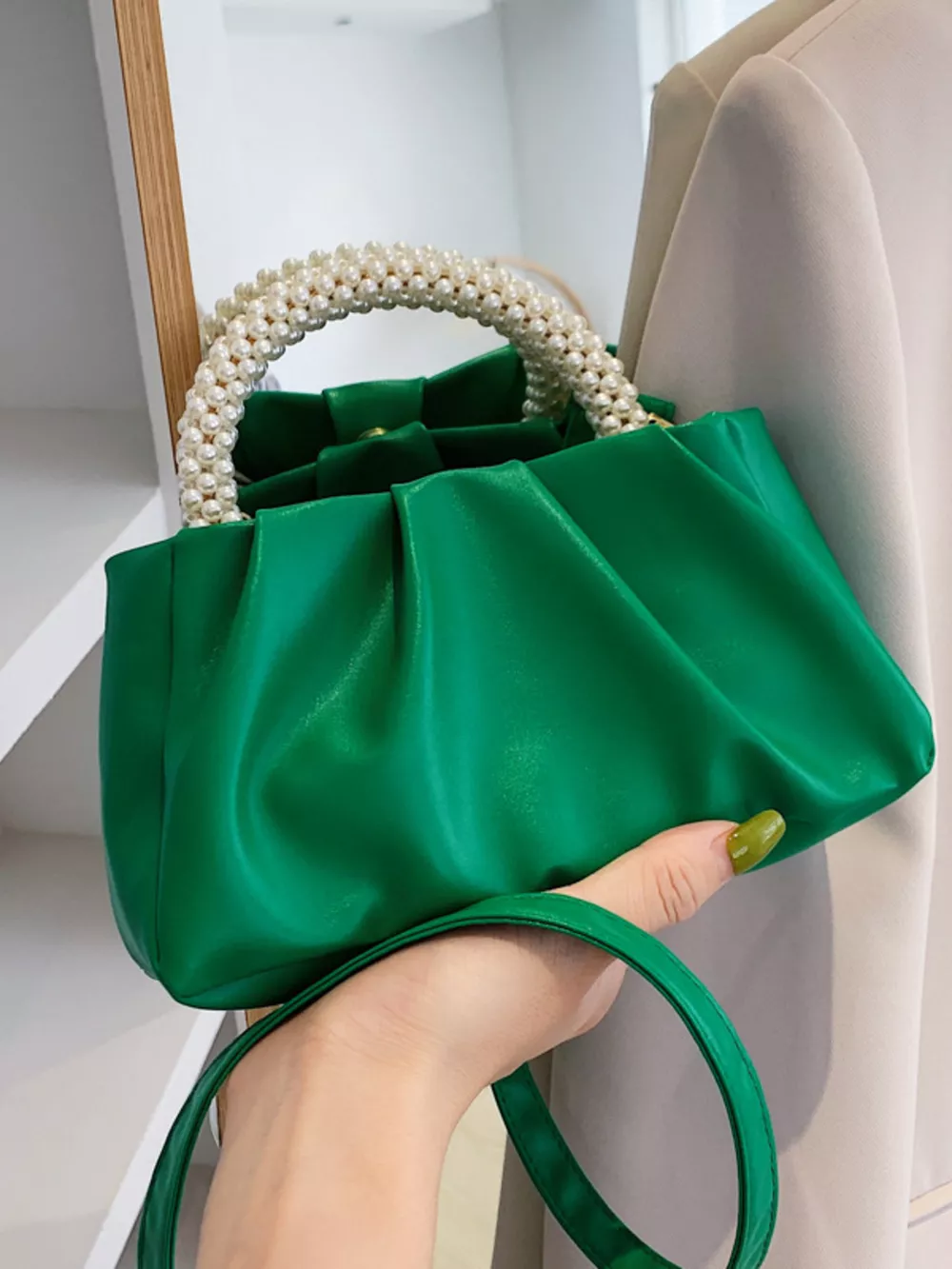 Pearl Handle Ruched Crossbody Bag, image 9