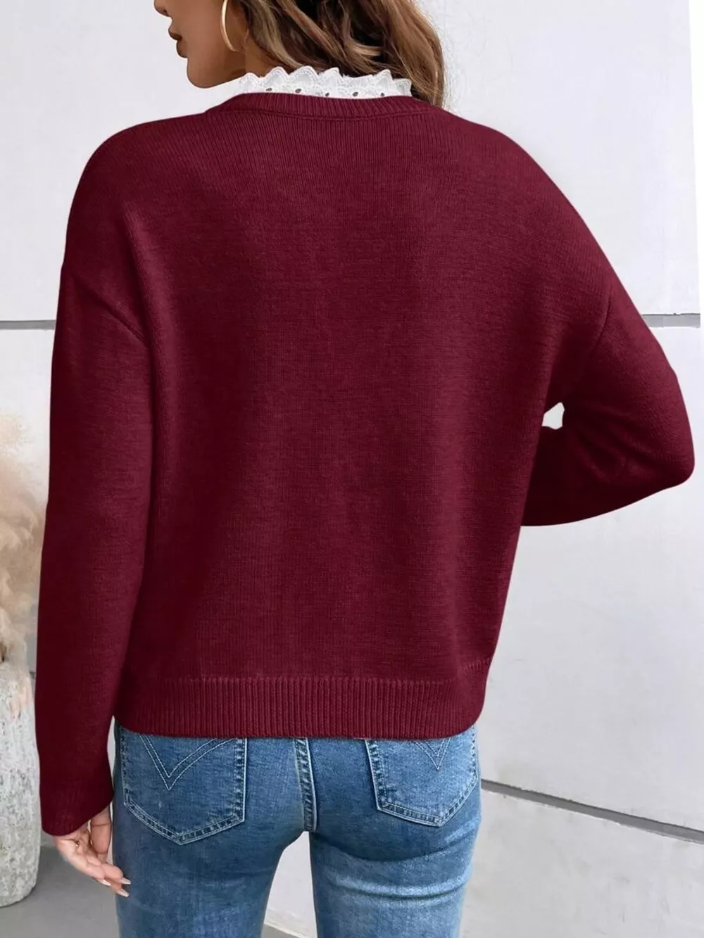 Lace Trim Notched Long Sleeve Sweater, image 7