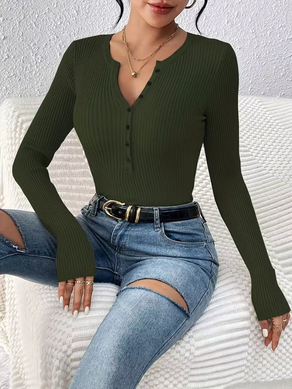 Ribbed Knit Button Front Knit Top, image 28