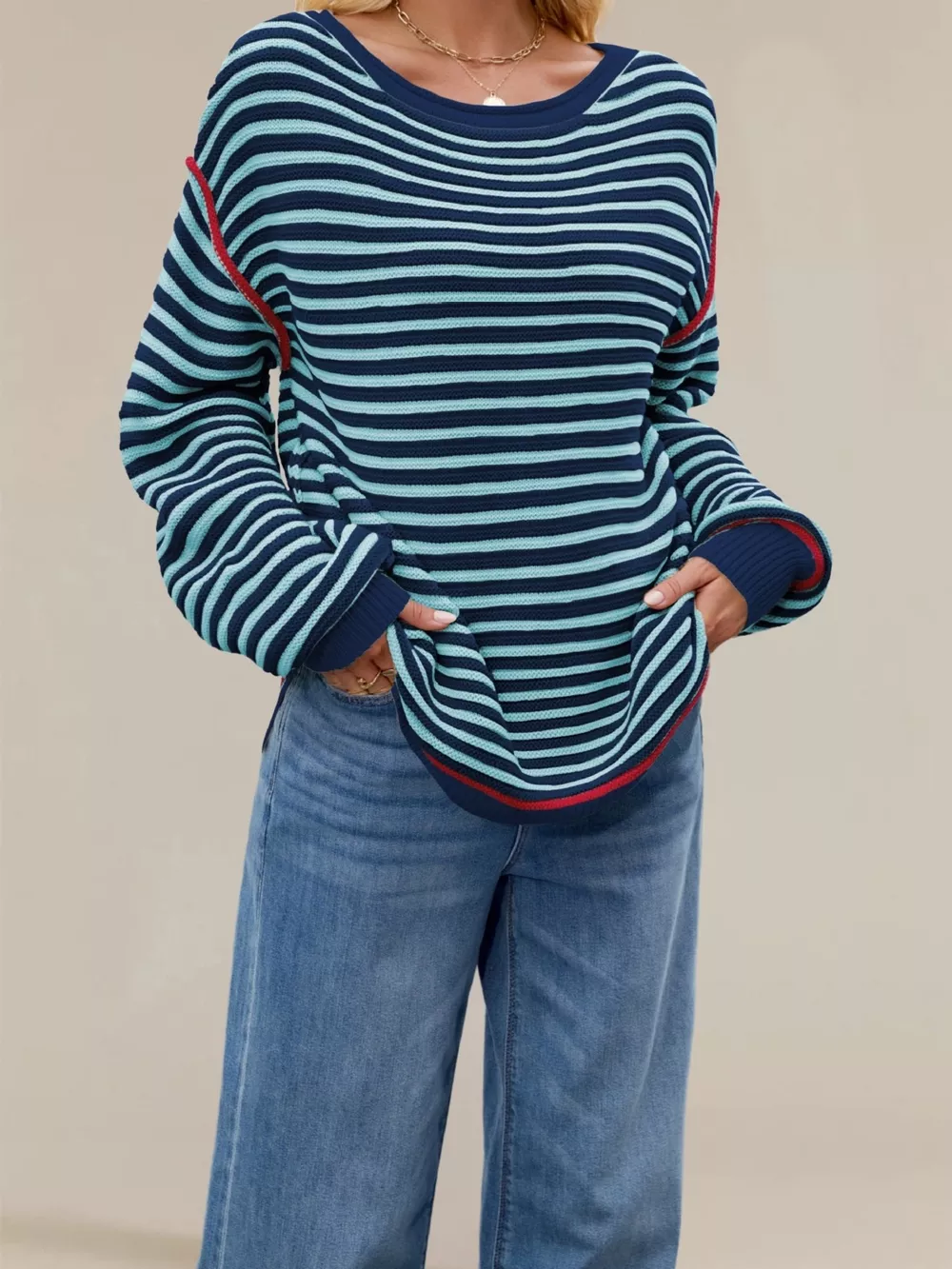 Oversized Striped Dropped Shoulder Sweater, image 7