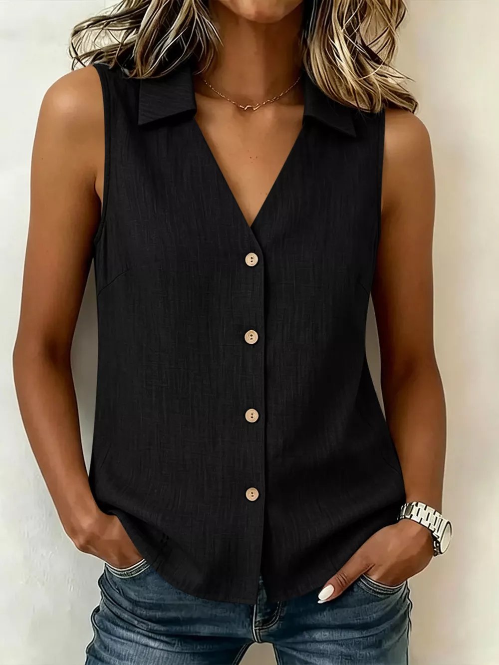 Full Size Button-Up Collared Neck Sleeveless Top Plus Size, image 3