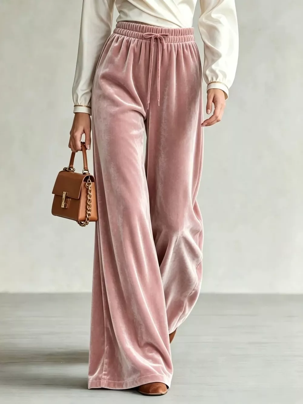 Velvet Wide-Leg Pants with Drawstring, image 2