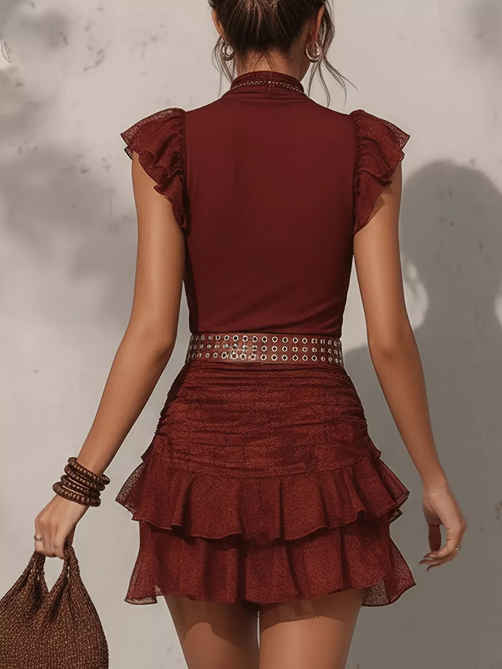 Mock Neck Ruffle Sleeve Top and Ruched Skirt Set, image 3