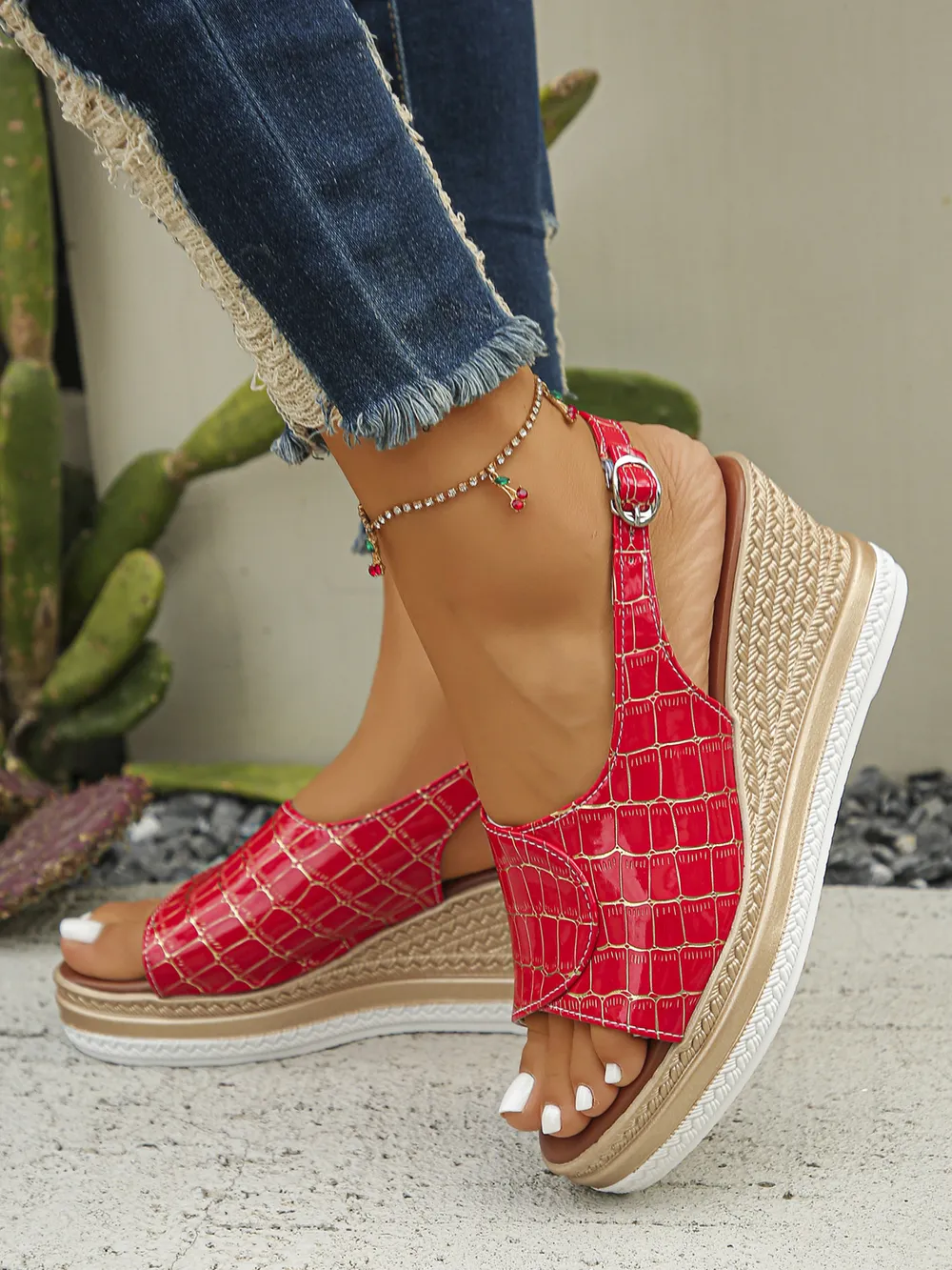 Crocodile Pattern Platform Wedge Sandals, image 6
