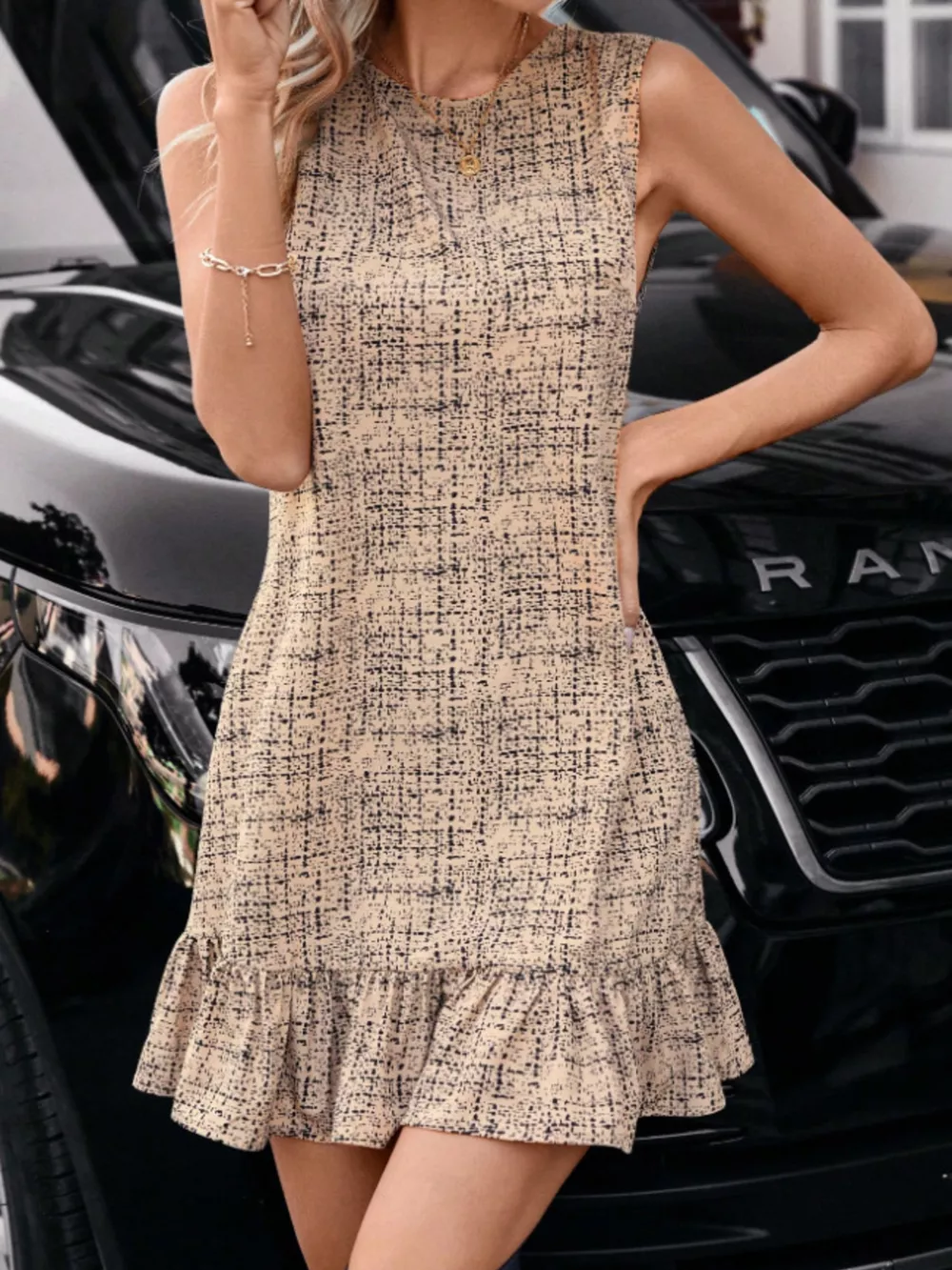 Tweed Sleeveless Ruffle Hem Mini Dress, image 2