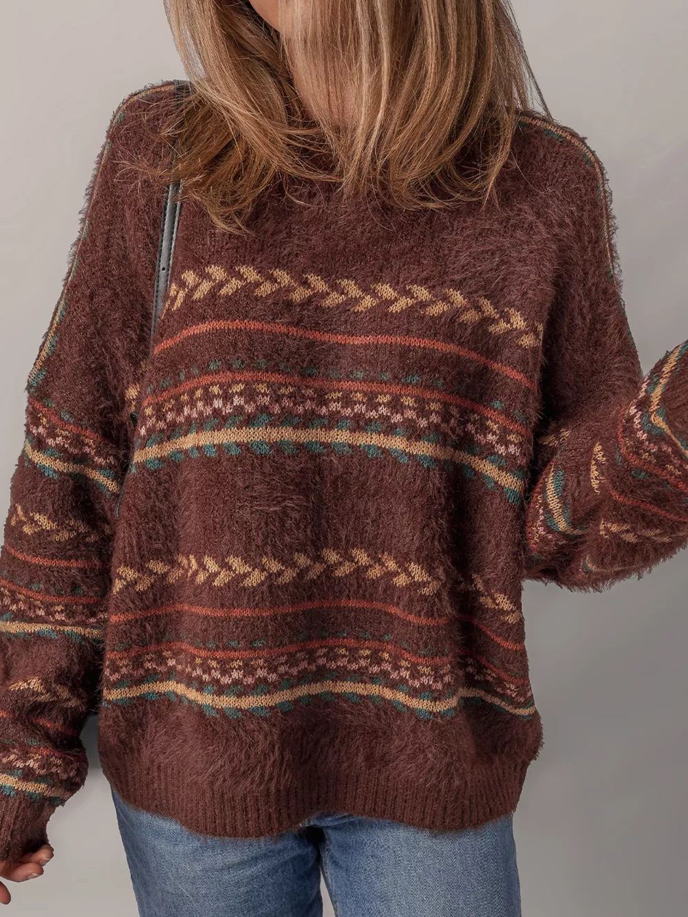 Ethnic Pattern Mohair Knitted Drop Shoulder Sweater, image 7