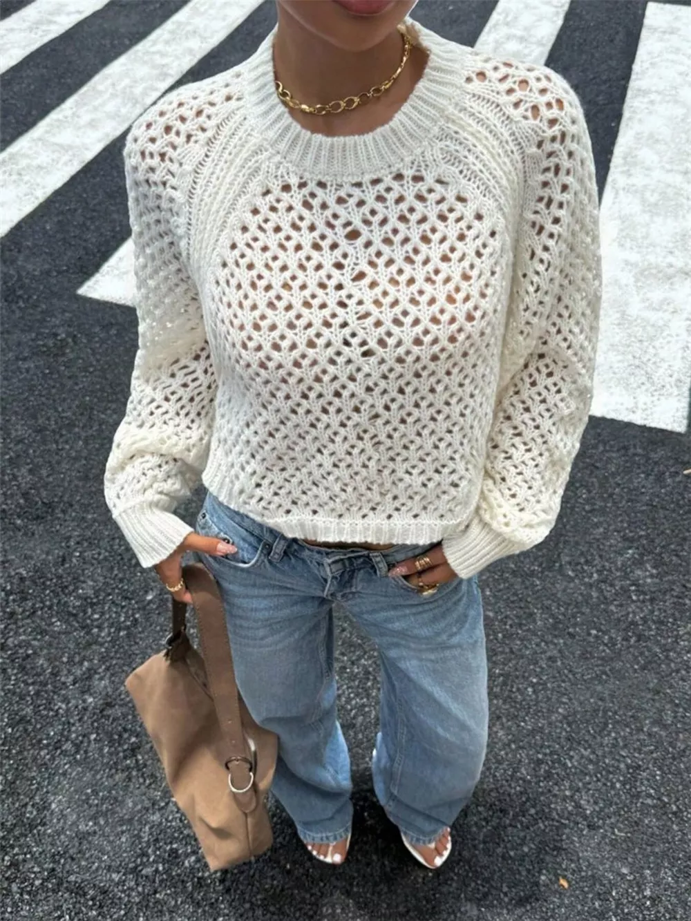 Crochet Knit Raglan Sleeve Sweater, image 2
