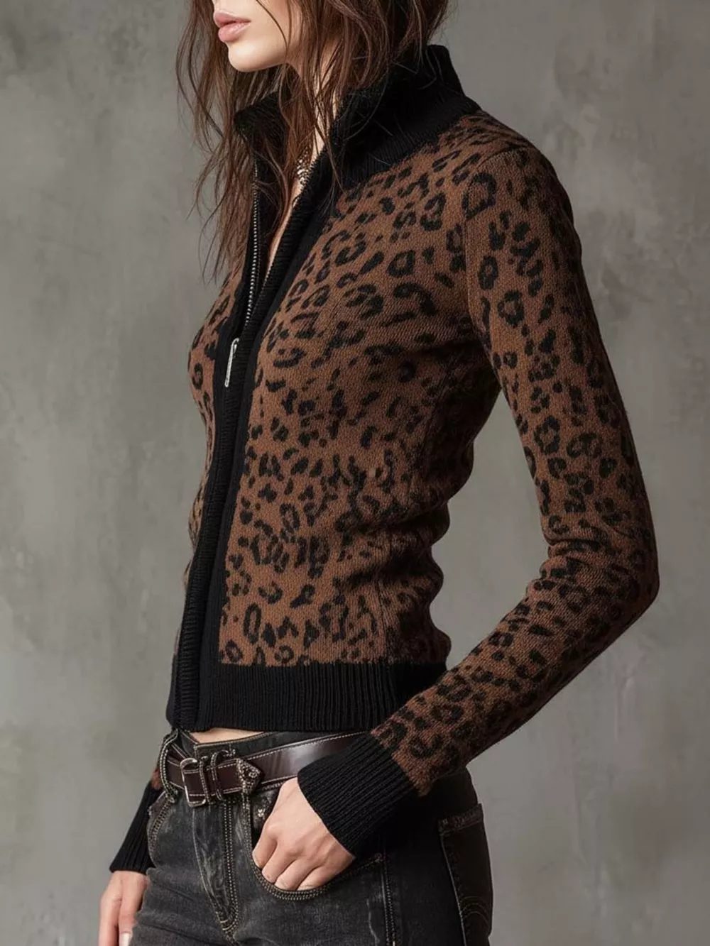 Leopard Print Knit Zip-Up Outerwear, image 2