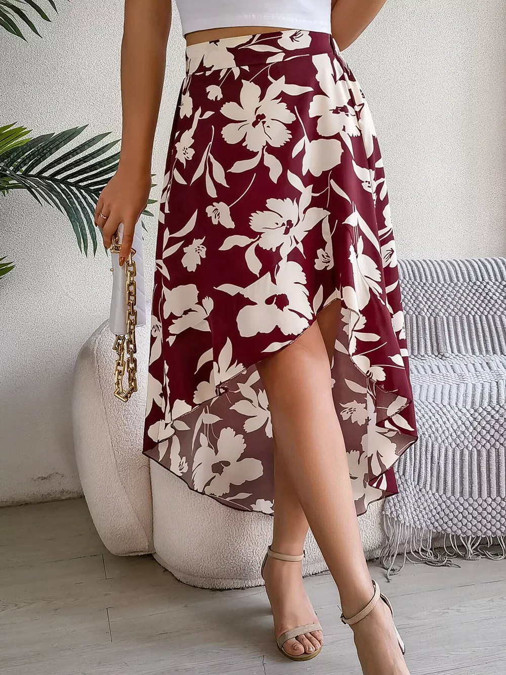 Floral Print Ruffle Hem Asymmetrical Skirt, image 14
