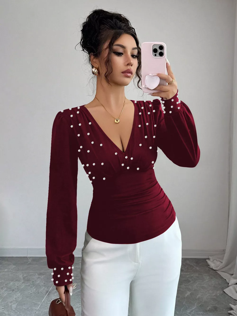 Pearl Embellished V-Neck Blouse, image 11