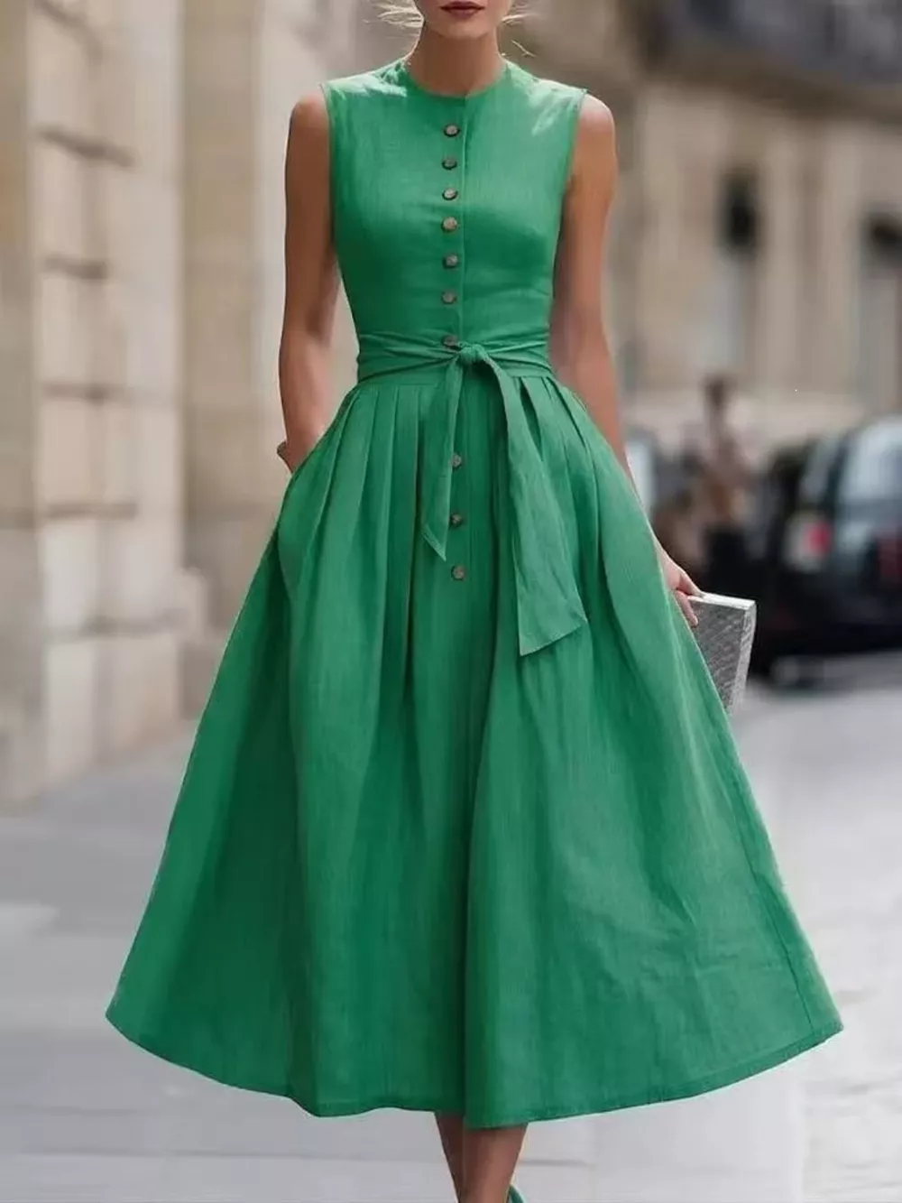 Full Size Sleeveless Button-Front Belted Midi Dress Plus Size, image 10