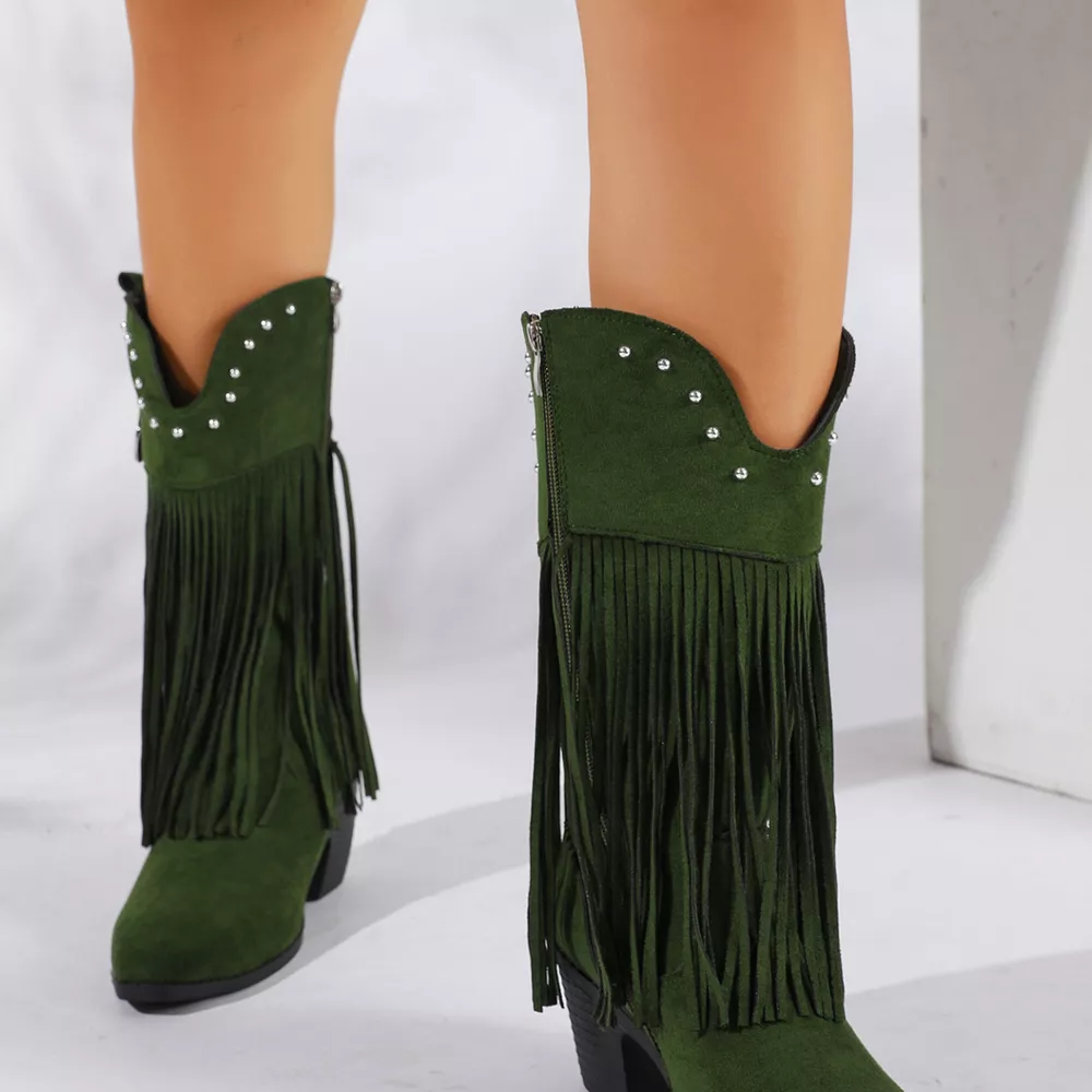 Fringe Round Toe Block Heels Boots, image 12