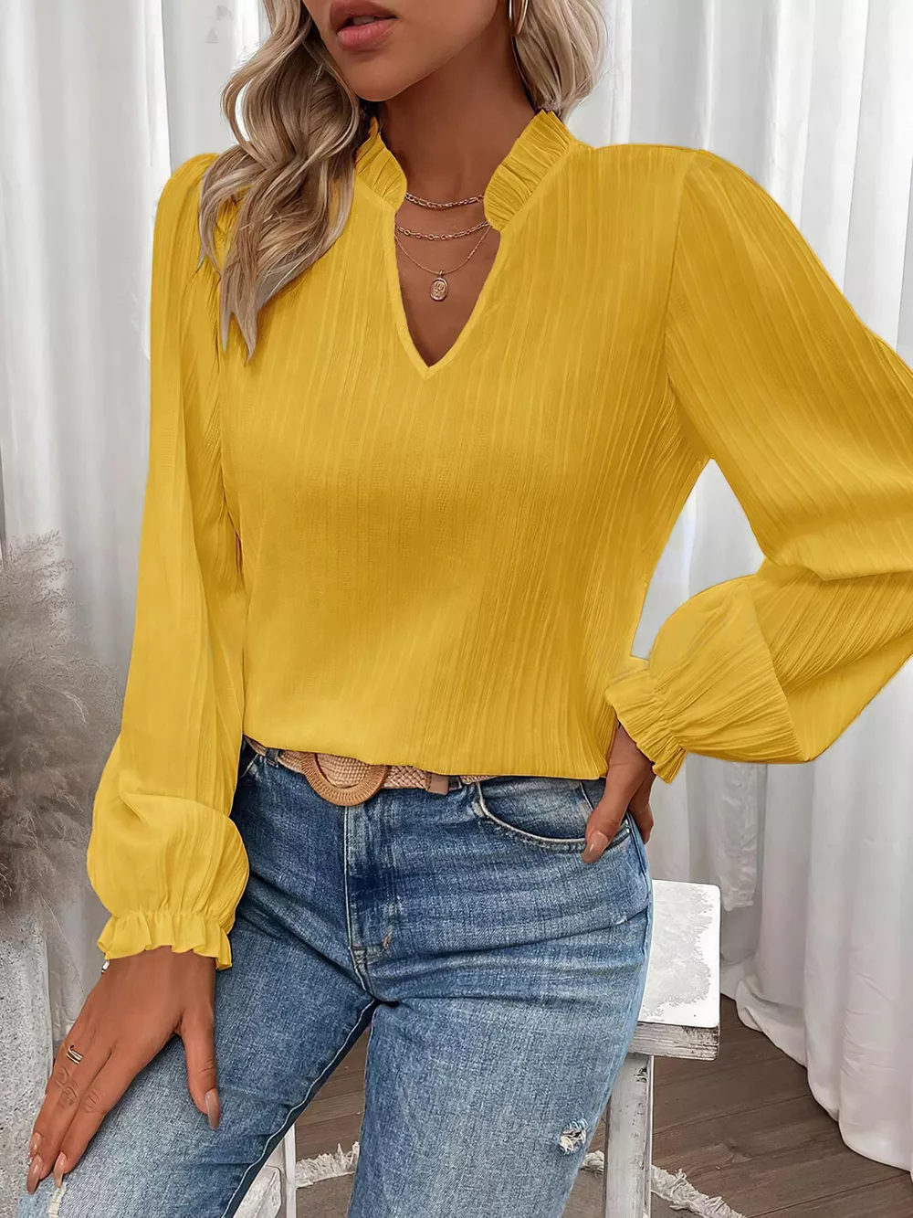 Ruffle Notched Long Sleeve Blouse, image 9