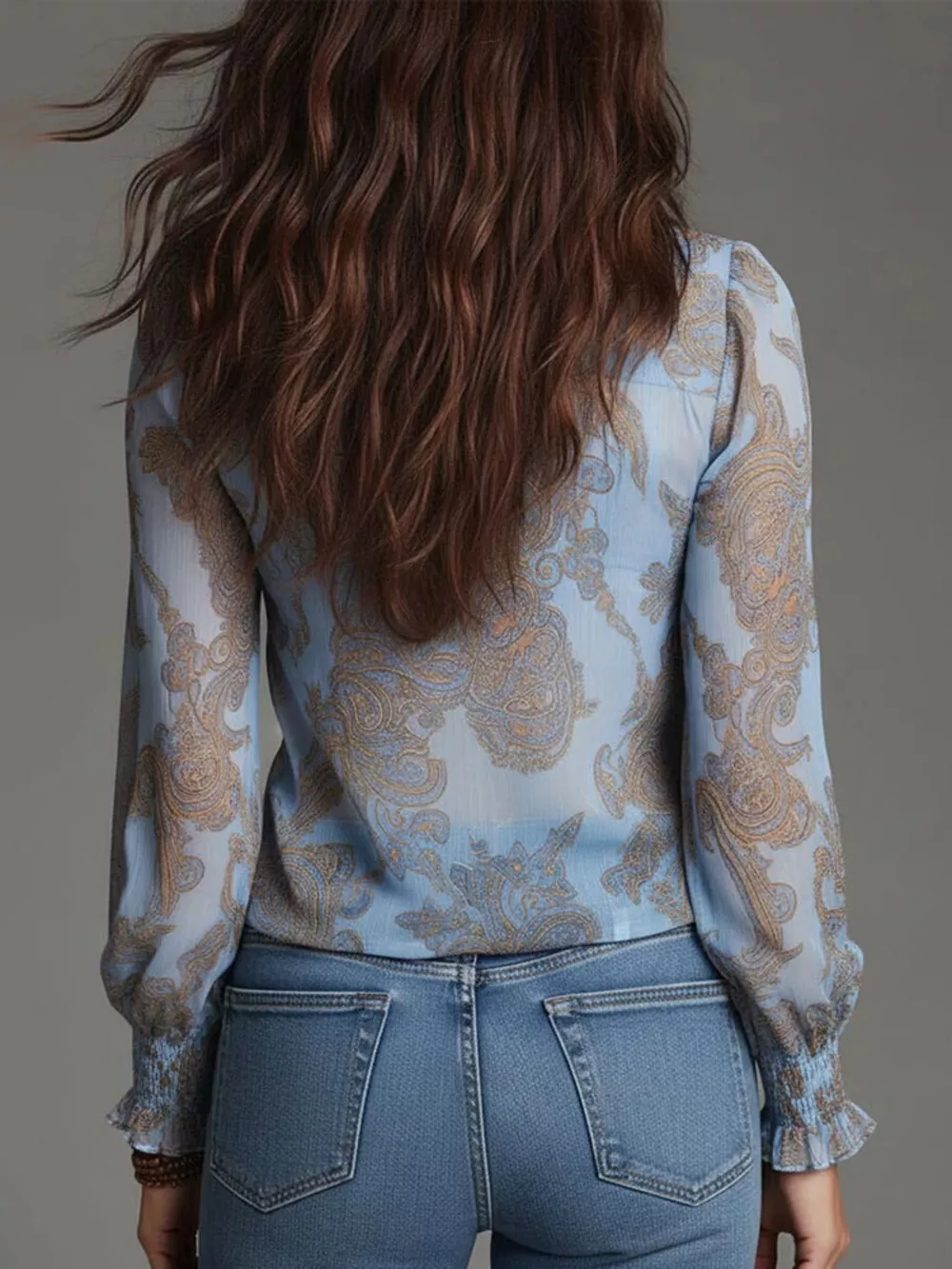 Full Size Paisley Print Ruffle Trim Zip-Front Blouse Plus Size, image 11