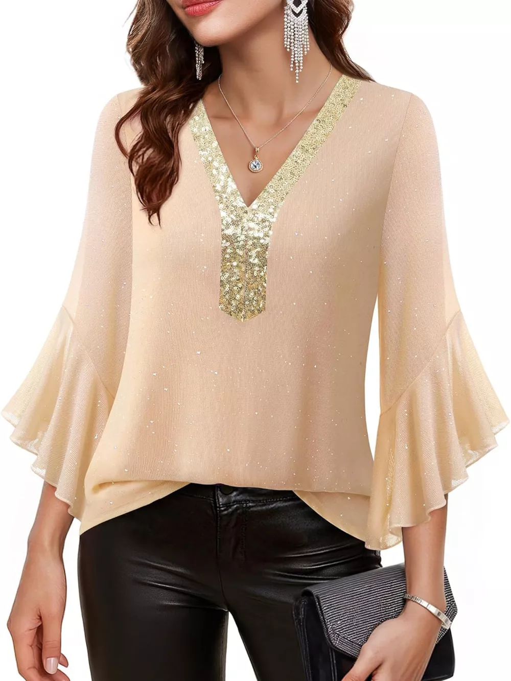 Sequin V-Neck Flounce Sleeve Blouse, image 4