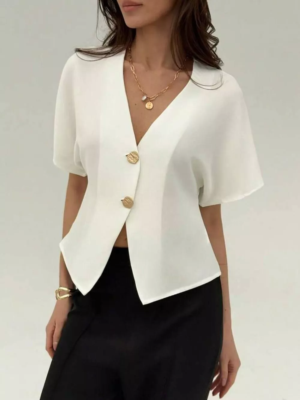 V-Neck Button-Up Short Sleeve Shirt, image 2