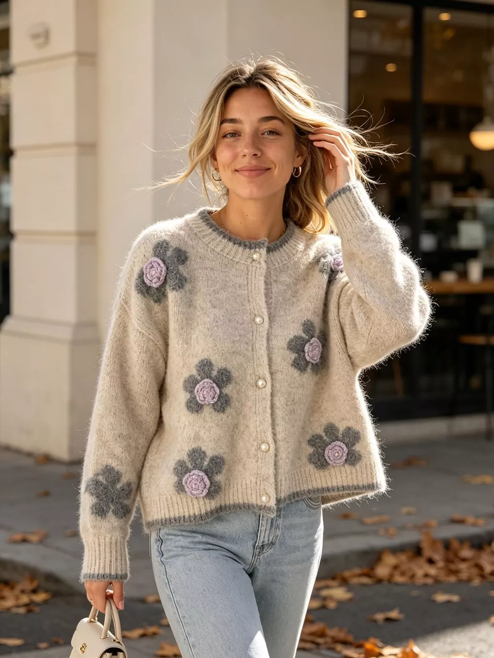 Floral Applique Button-Down Knit Cardigan, image 2