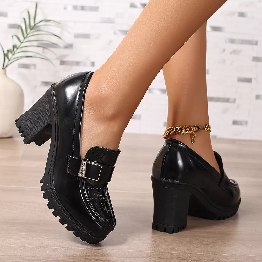 Chunky Heel Crocodile Pattern Patent Leather Loafers with Metal Buckle, image 5