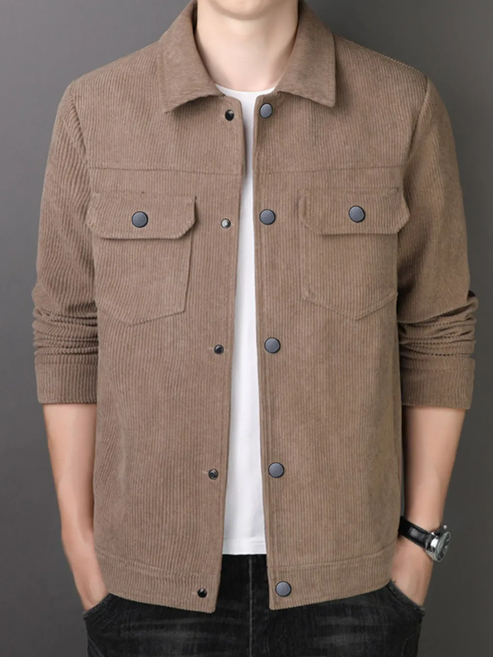 Men's Plus Size Casual Corduroy Button-Down Jacket, image 3