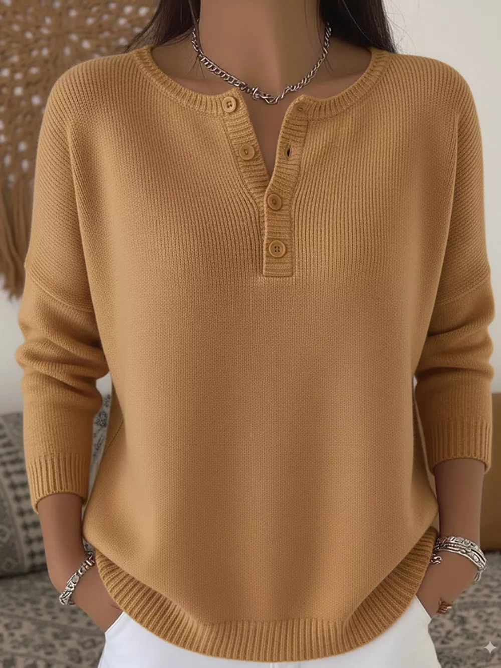 Full Size Half Button Long Sleeve Knit Top Plus Size, image 18