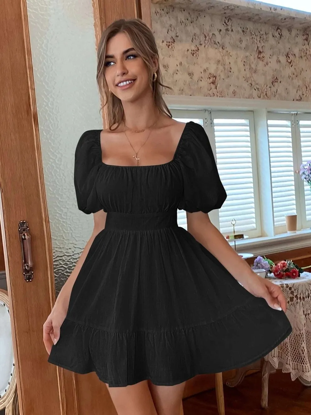 Square Neck Puff Sleeve Mini Dress, image 9