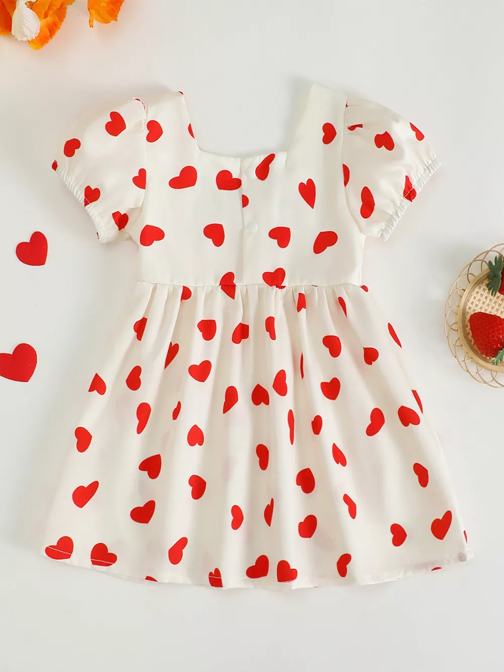 Children's Heart Print Puff Sleeve Dress with Bow, image 6