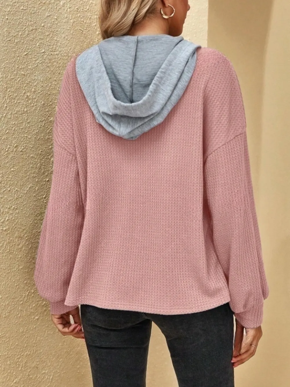 Drawstring Waffle Knit Hoodie, image 3