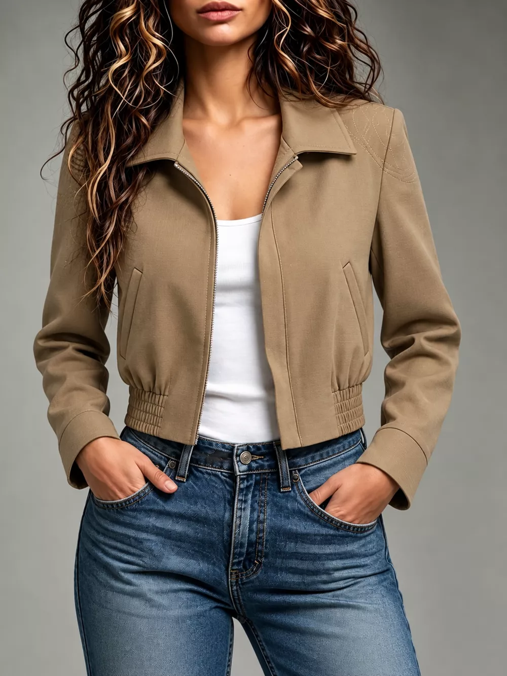 Zip Up Elasticized Hem Cropped Jacket, image 2