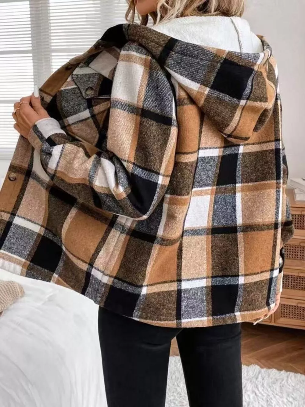 Hooded Plaid Button Up Jacket, image 2