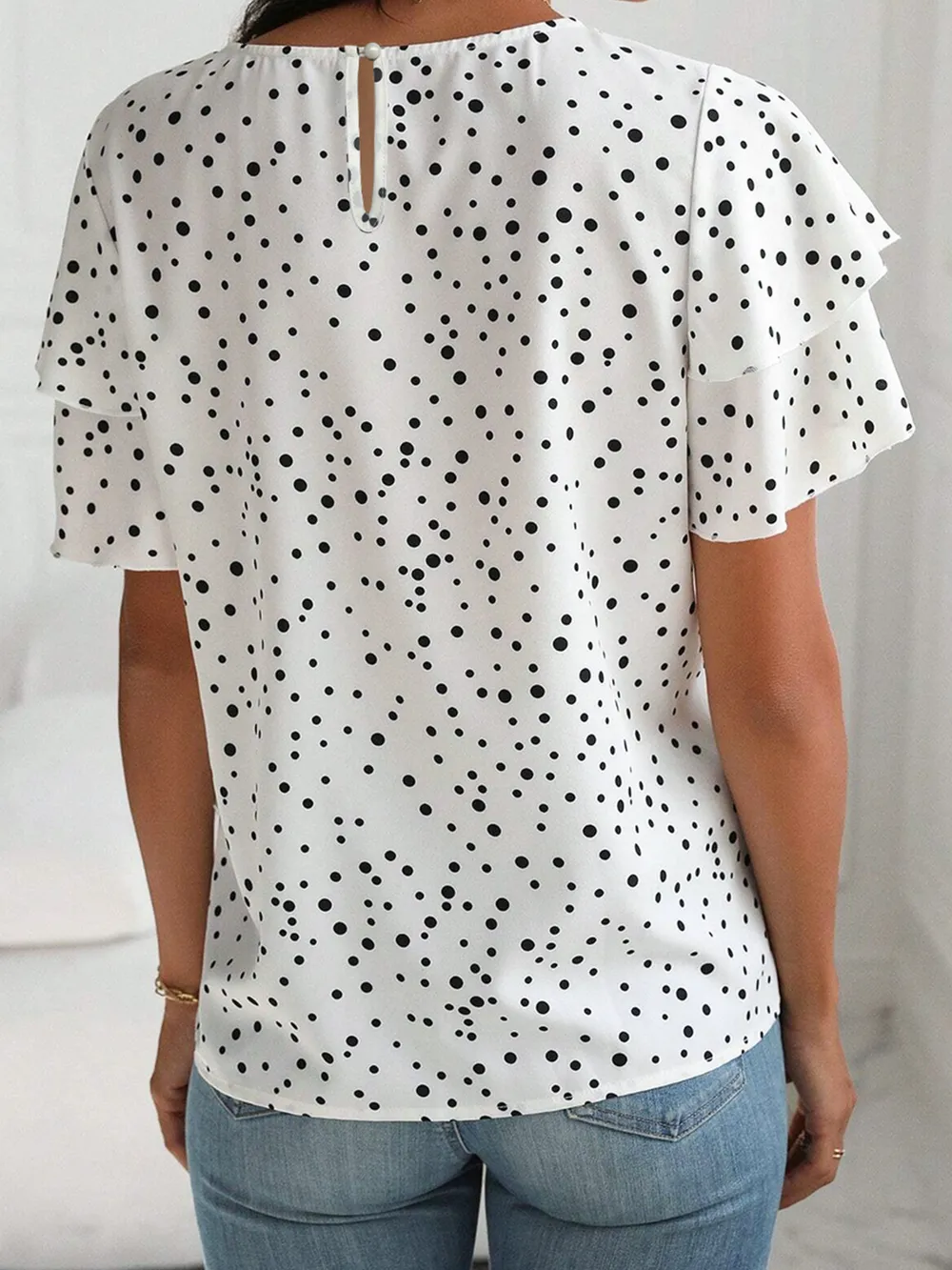 Polka Dot Layered Ruffled Short Sleeve Blouse, image 2