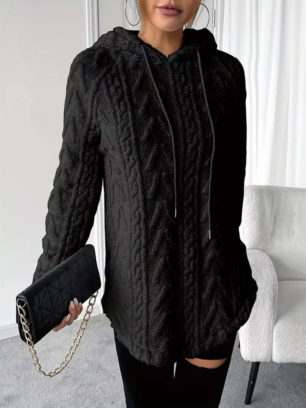 Cozy Textured Drawstring Fleece Hoodie, image 7