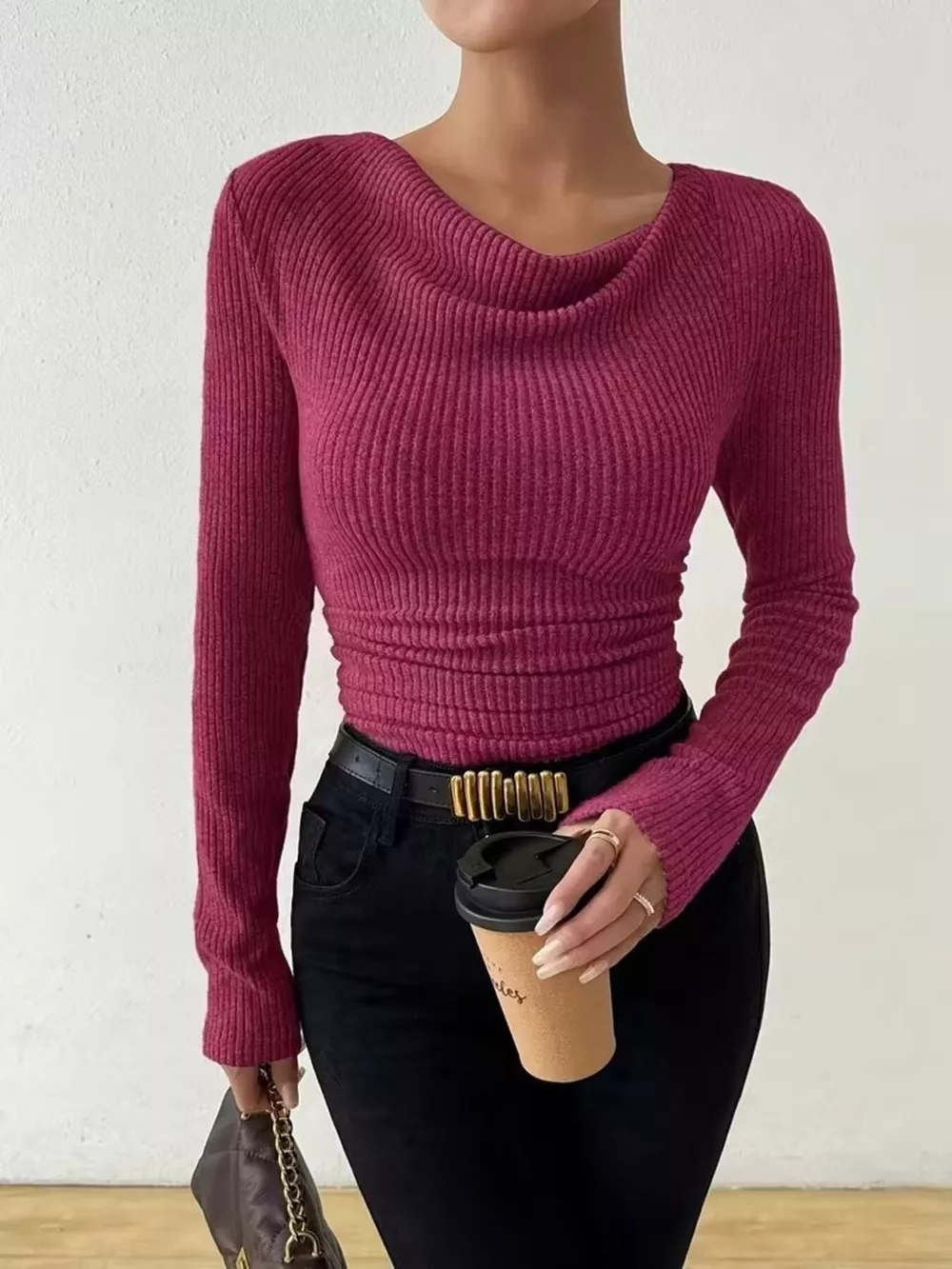 Cowl Neck Ribbed Knit Top, image 3