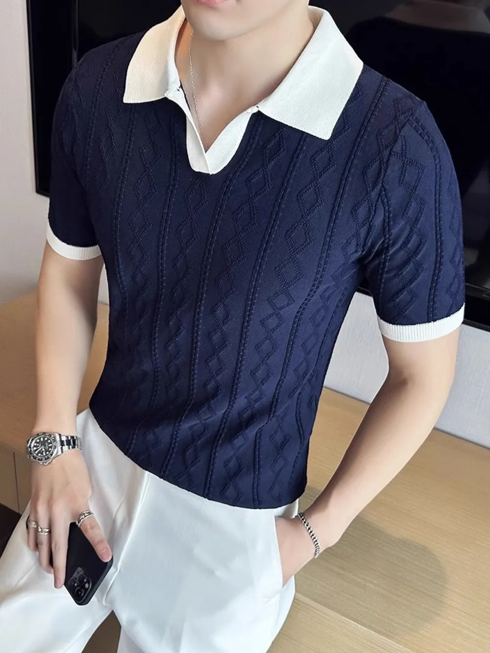 Men's Full Size Contrast Collar Short Sleeve Knit Polo Plus Size, image 2