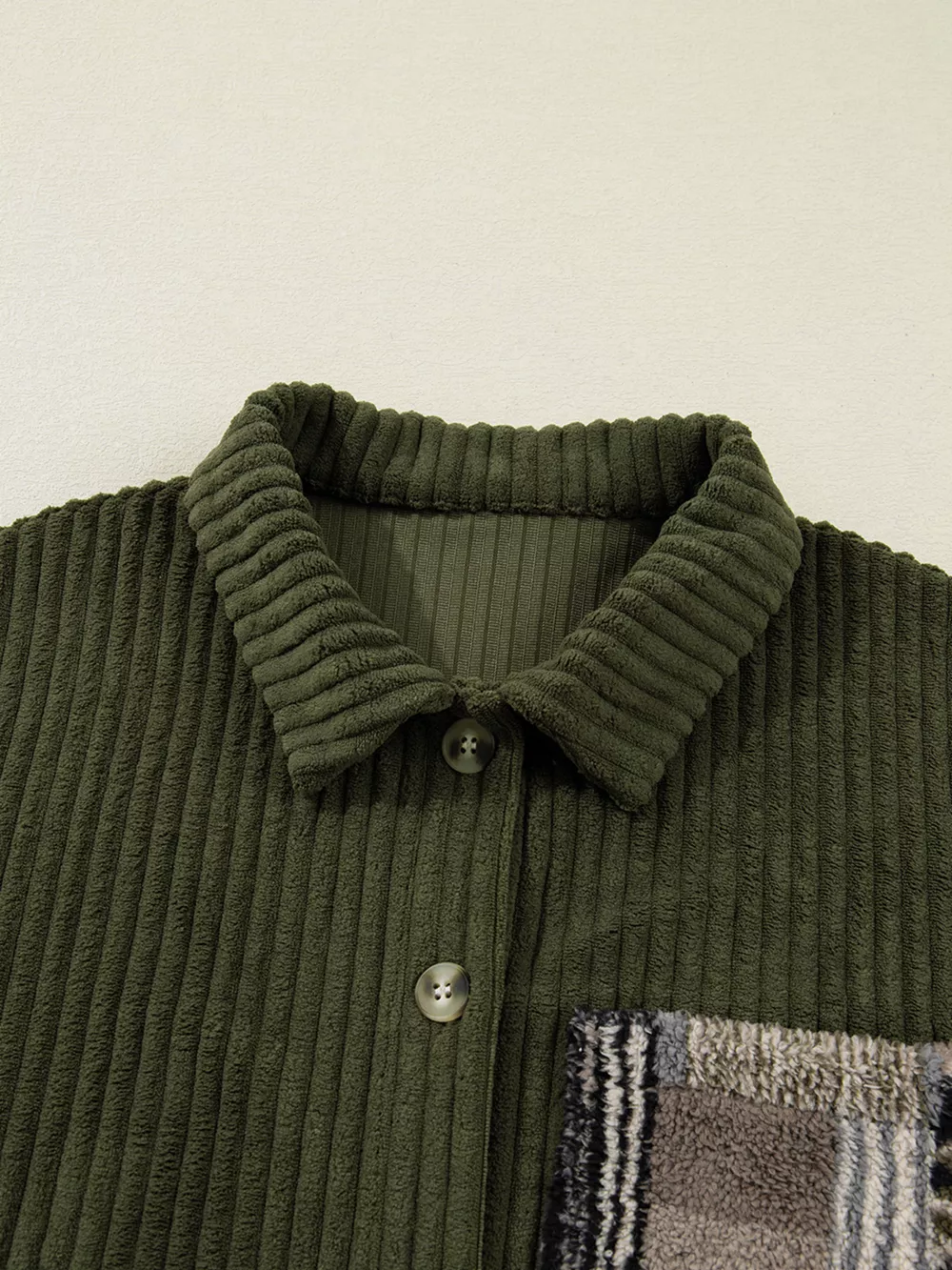 Ribbed Fleece Plaid Print Patchwork Button Up Jacket, image 7