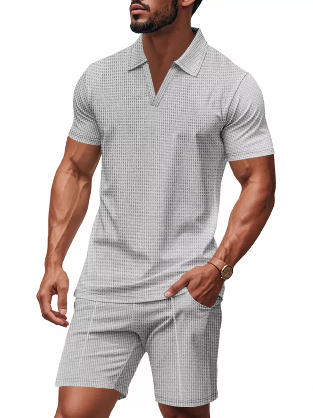 Men's Full Size Textured Short Sleeve Polo and Shorts Set Plus Size, image 4