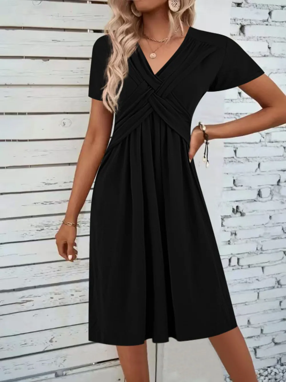V-Neck Short Sleeve Midi Dress